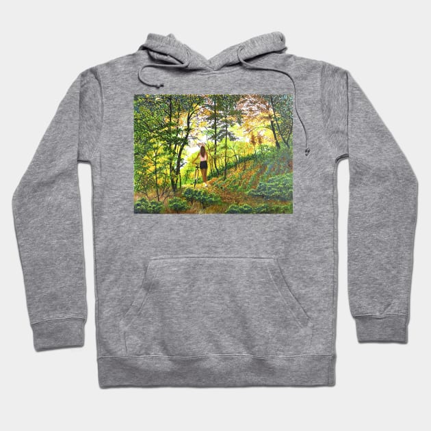 Woman girl with bicycle in woods zen yoga buddhism Hoodie by Fantasyart123